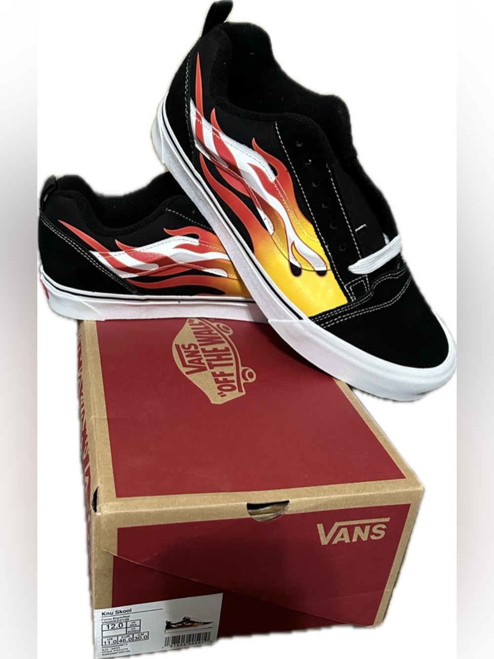 Vans Black Low-Top Sneakers with Red, Orange and Yellow Flame Graphics